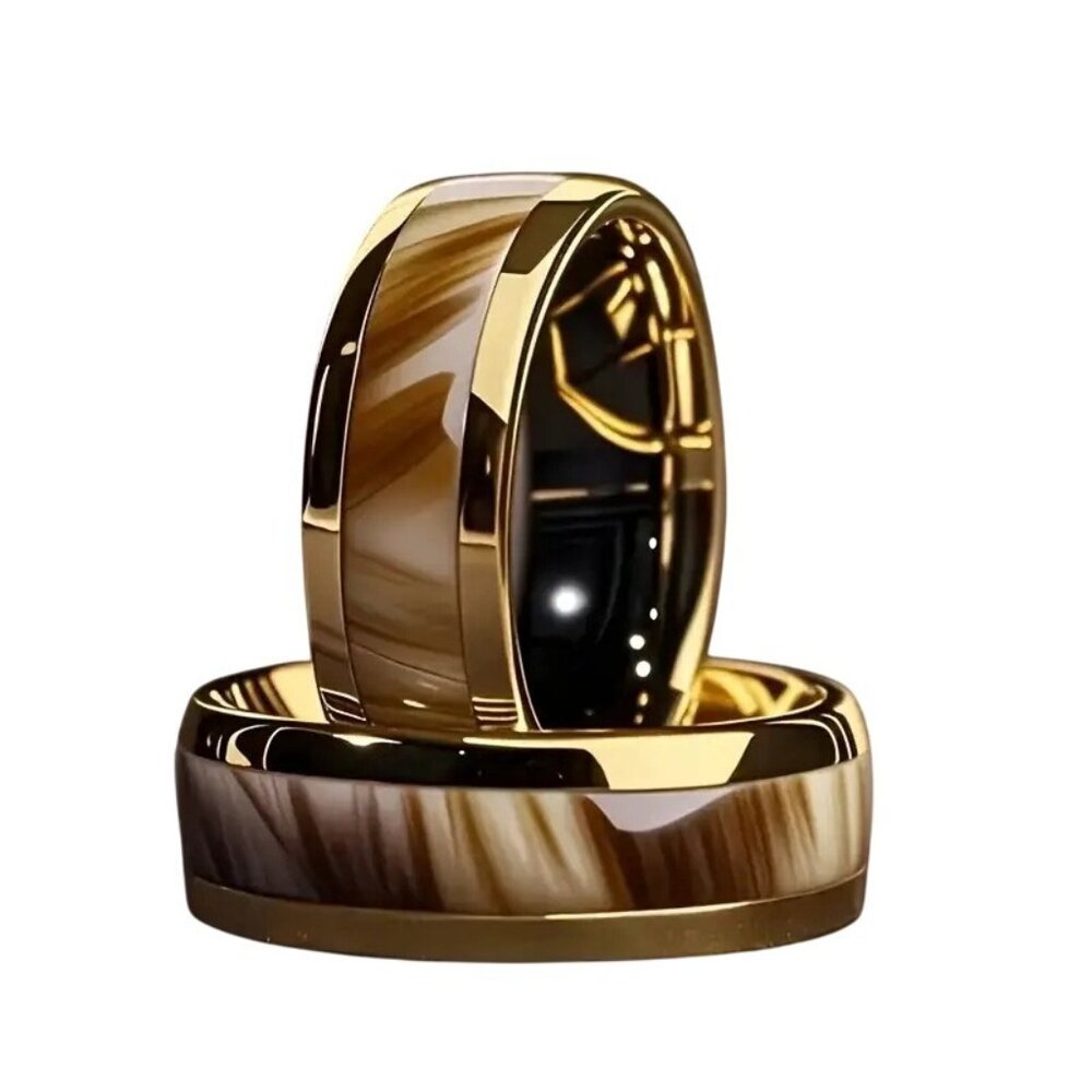 Tungsten Steel Men's Fashion Ring High Polished Brown Marble & gold plated rims